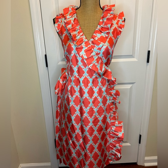 kate spade Dresses & Skirts - Kate Spade Blue and Pink Ruffle Crossover Silk Dress size 4